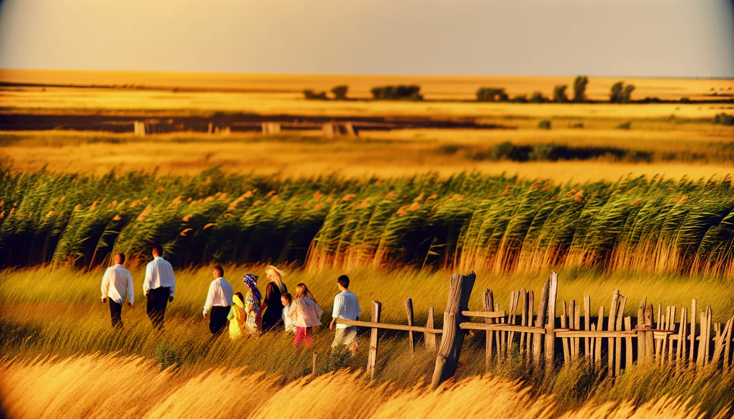 Family walking along inherited rural property