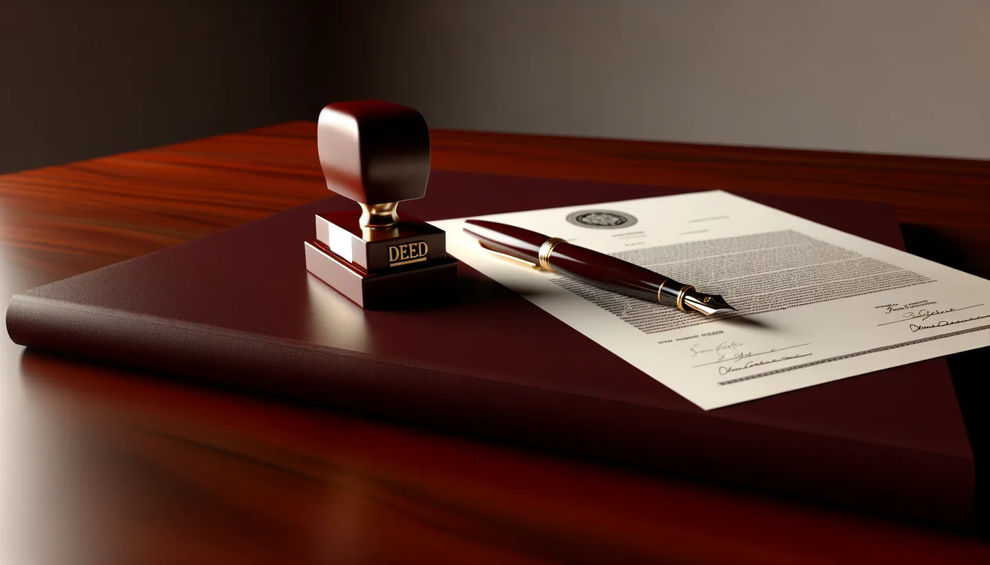 Legal land deed with notary stamp and fountain pen on desk