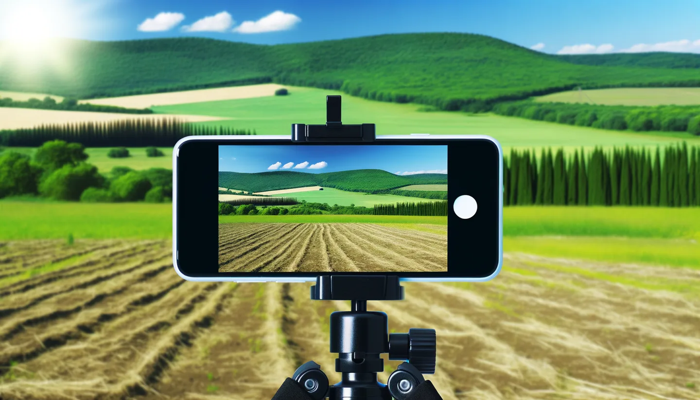 Smartphone on tripod photographing a vacant land parcel