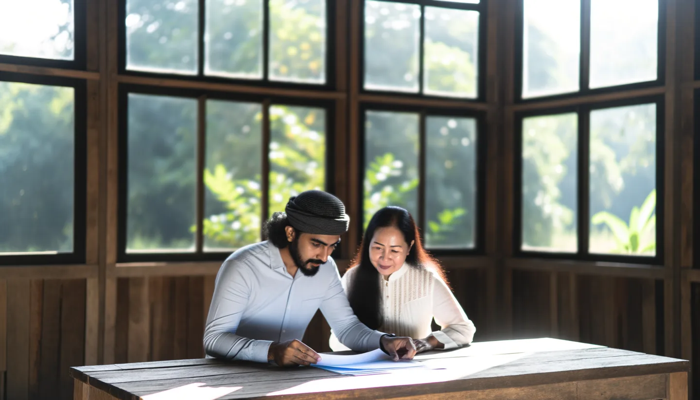 Two people reviewing land sale documents without a realtor