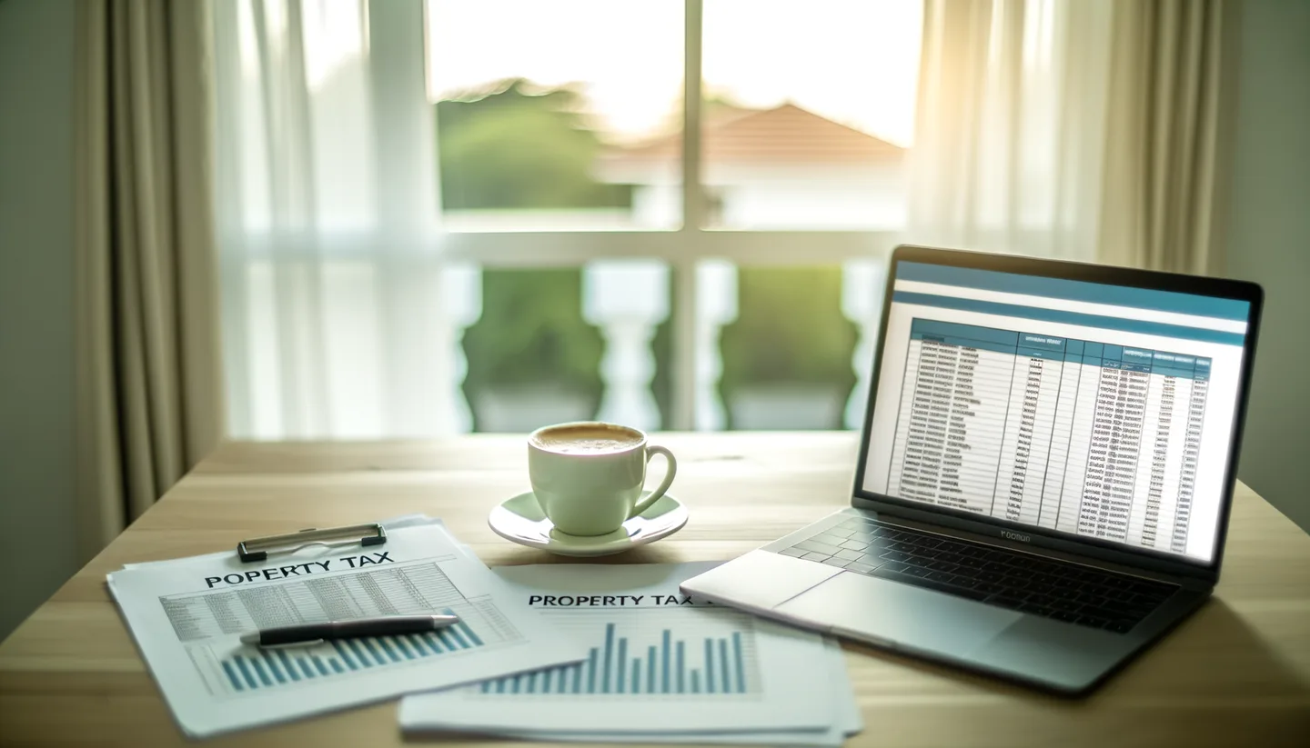 Property tax documents and laptop on a desk