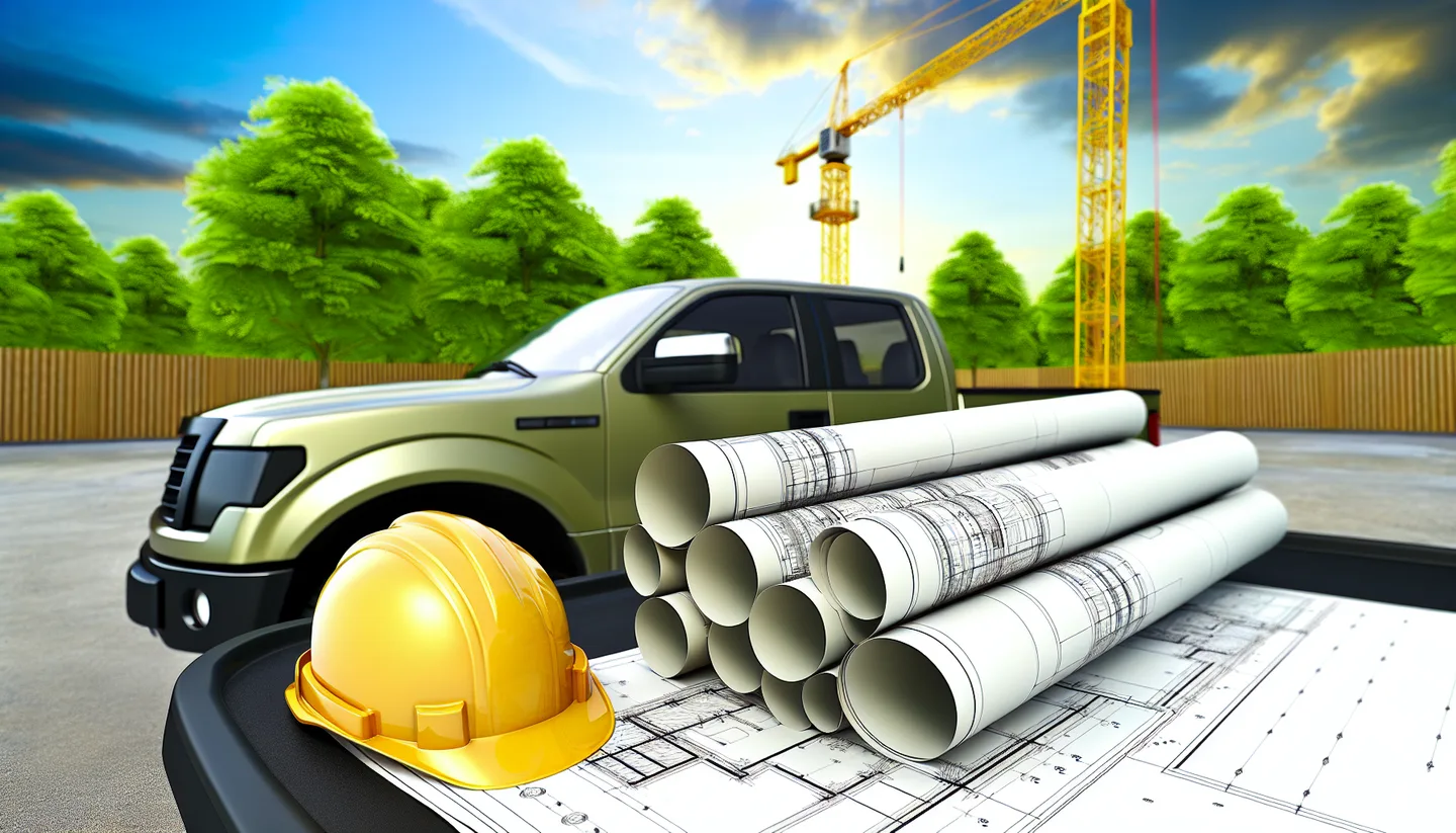 Blueprints and hard hat on a truck hood at a construction site