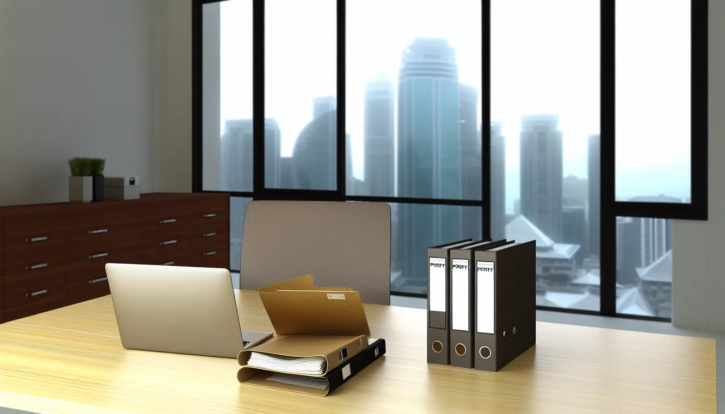 Professional office with property documents and city view