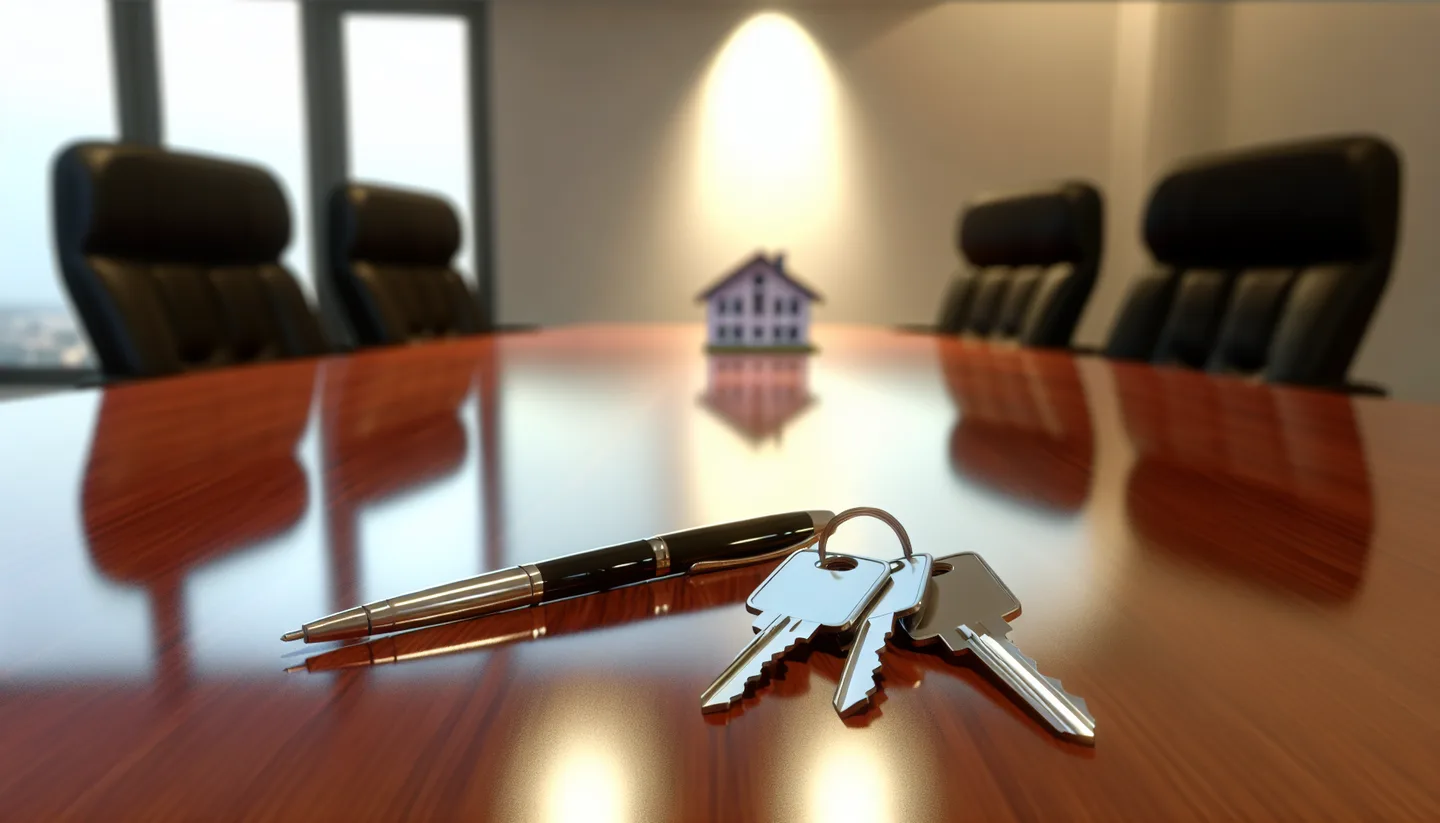 Property closing table with signed documents and keys from above