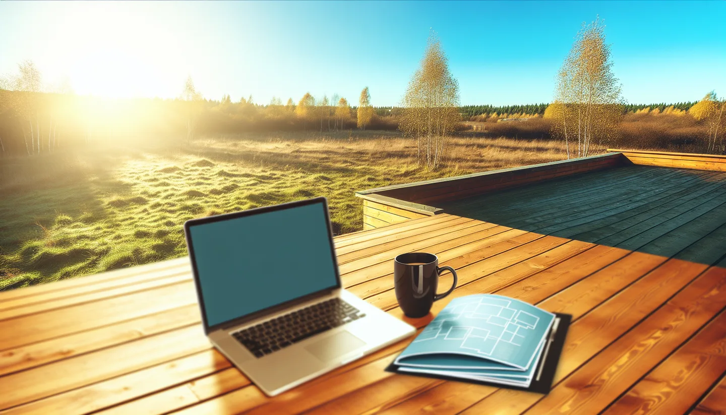 Laptop and property folder on a deck overlooking vacant land